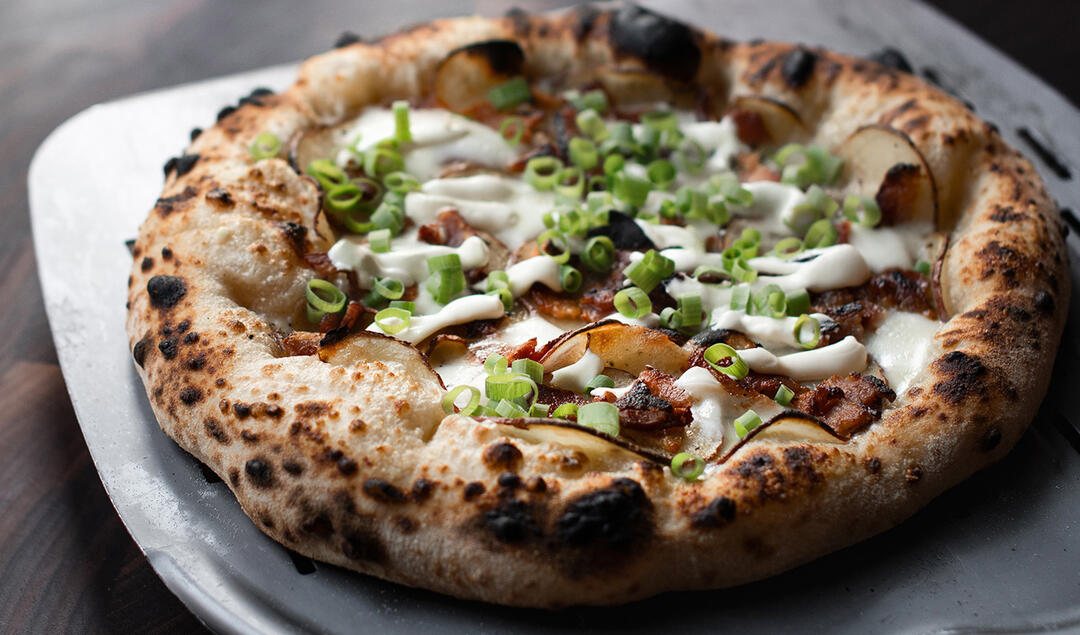 Sourdough Baked Potato Pizza before slicing.
