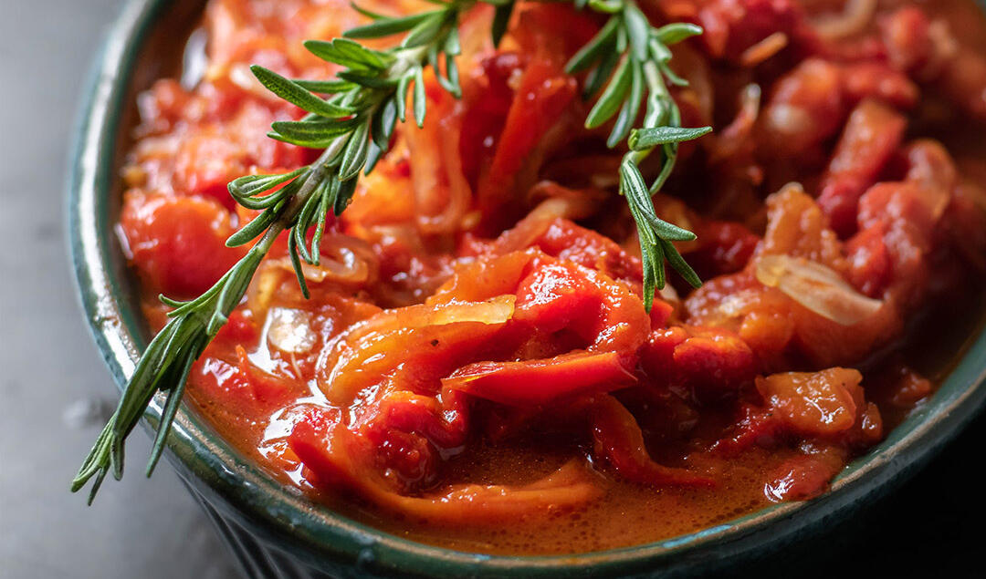 Rosemary Infused Peperonata in a dish.