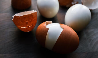 Partially peeled hard-boiled eggs plus some shells in the background.