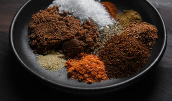 Plate displaying ingredients for a coffee and chile dry rub.