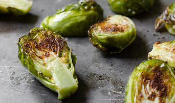 Roasted Brussels sprouts on a pan.