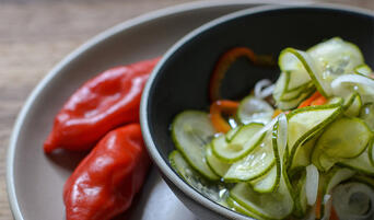 Bowl of sliced refrigerator pickles with red onions and peppers.